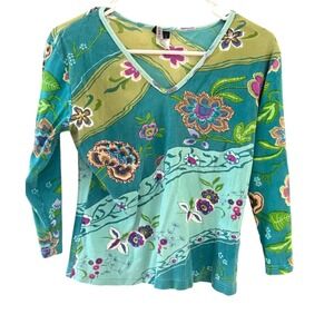 Forbidden Vintage Y2k L Teal Floral Sequin Beaded Fairy Festival Cotton Top L